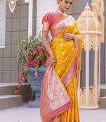 Yellow Heavy Satin Banarasi silk blend Saree