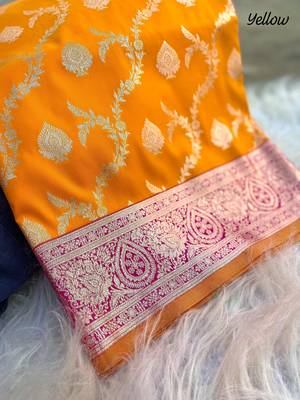 Yellow Heavy Satin Banarasi silk blend Saree 5