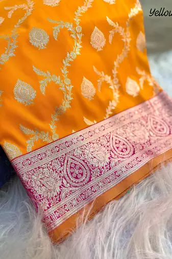 Yellow Heavy Satin Banarasi silk blend Saree