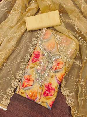 Yellow organza print handwork unstitched dress material 2