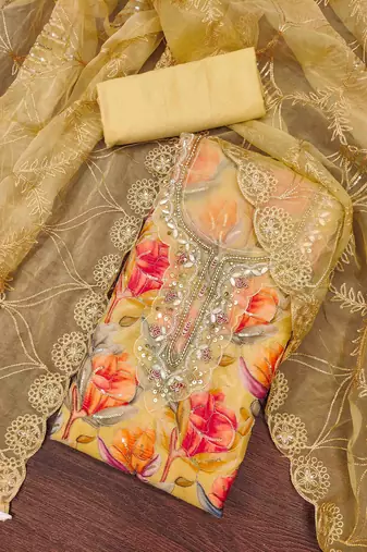Yellow organza print handwork unstitched dress material