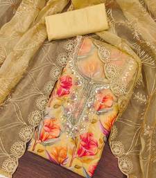 Yellow organza print handwork unstitched dress material