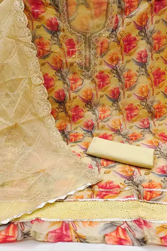 Yellow organza print handwork unstitched dress material
