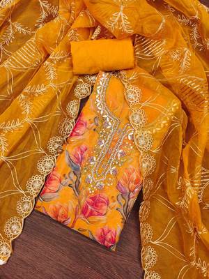 Mustard organza print handwork unstitched dress material 2