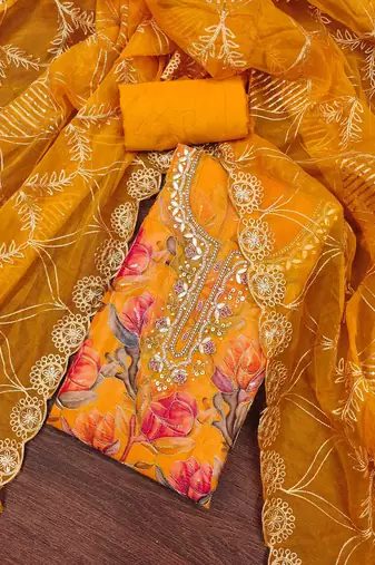 Mustard organza print handwork unstitched dress material