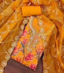Mustard organza print handwork unstitched dress material