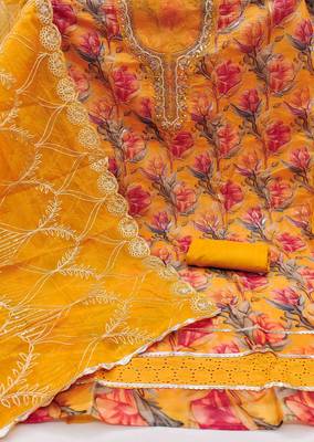 Mustard organza print handwork unstitched dress material 3