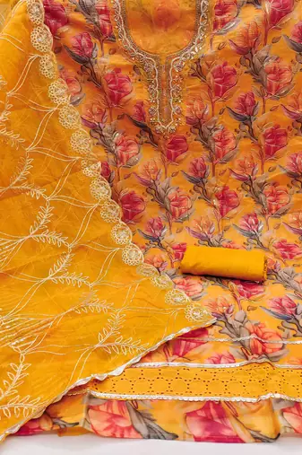 Mustard organza print handwork unstitched dress material