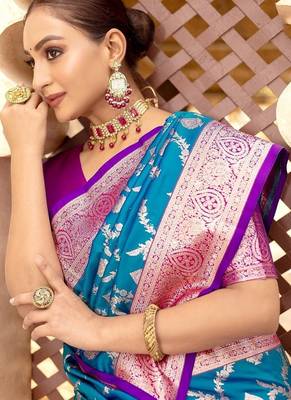 Blue Heavy Satin Banarasi silk blend Saree 1