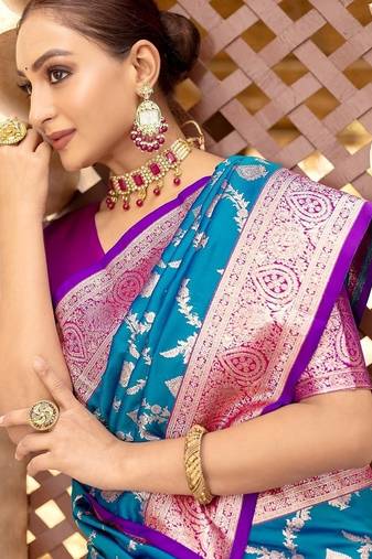 Blue Heavy Satin Banarasi silk blend Saree