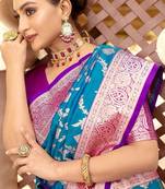 Blue Heavy Satin Banarasi silk blend Saree
