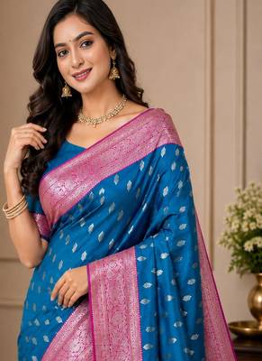 Blue Heavy Satin Banarasi silk blend Saree 1