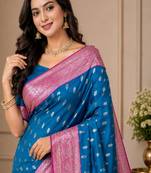 Blue Heavy Satin Banarasi silk blend Saree