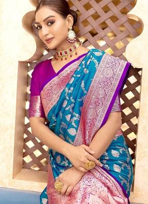 Blue Heavy Satin Banarasi silk blend Saree 2