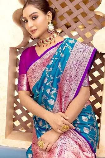 Blue Heavy Satin Banarasi silk blend Saree