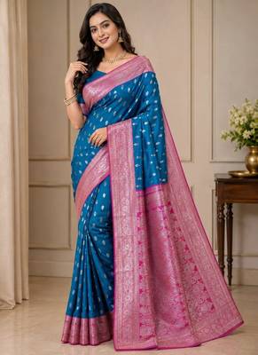 Blue Heavy Satin Banarasi silk blend Saree 2