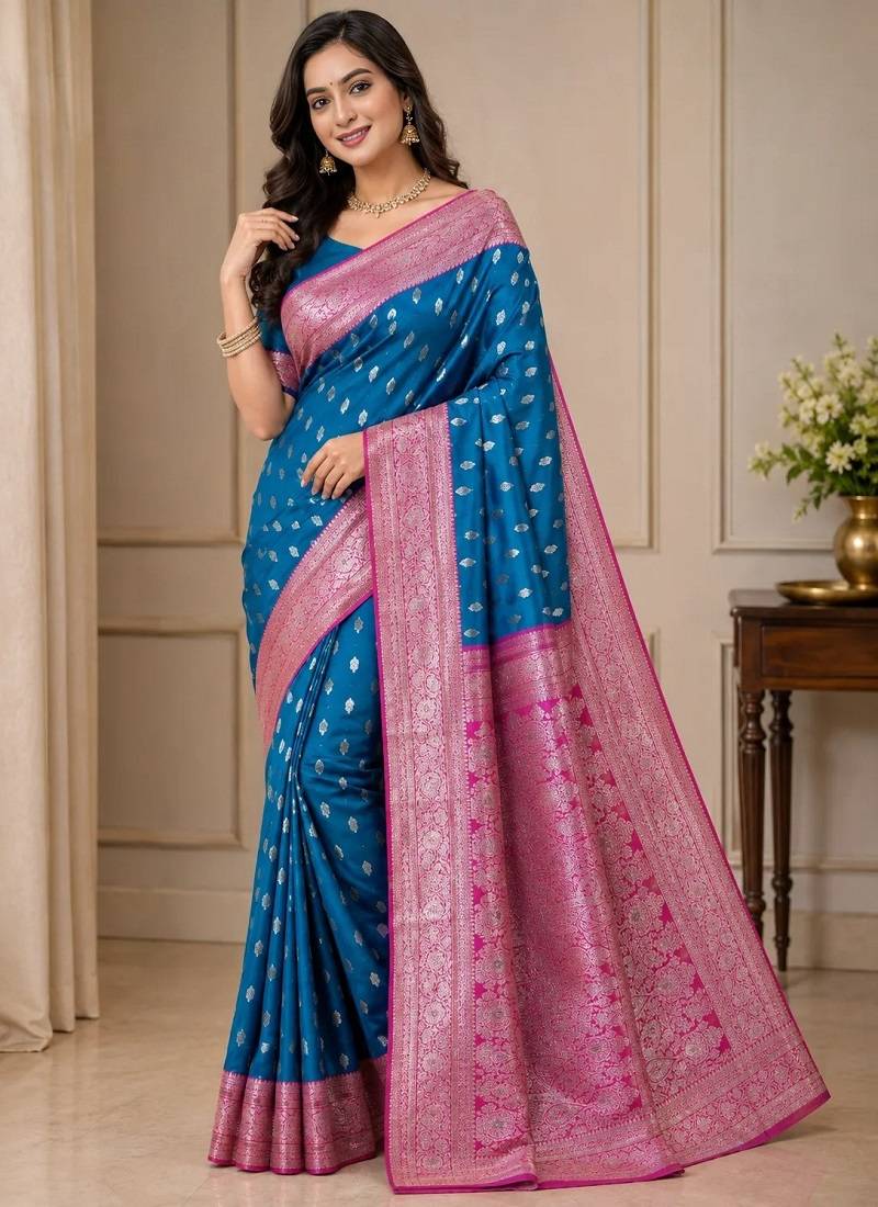 Blue Heavy Satin Banarasi silk blend Saree