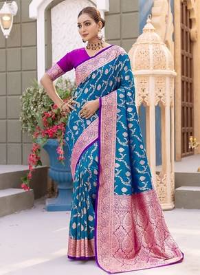 Blue Heavy Satin Banarasi silk blend Saree 3