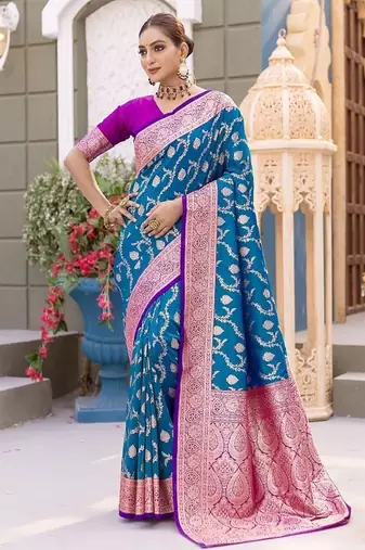 Blue Heavy Satin Banarasi silk blend Saree