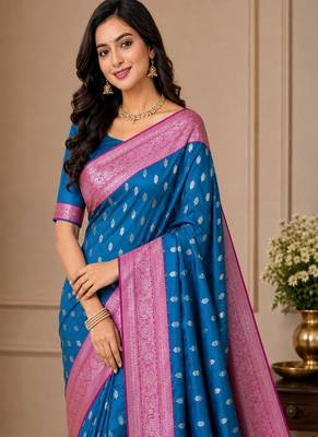 Blue Heavy Satin Banarasi silk blend Saree 3