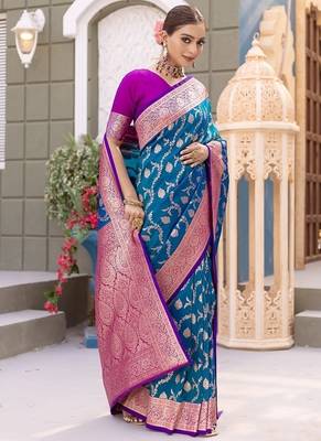 Blue Heavy Satin Banarasi silk blend Saree 4