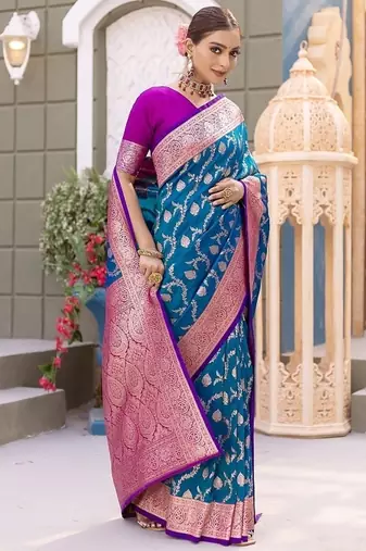 Blue Heavy Satin Banarasi silk blend Saree