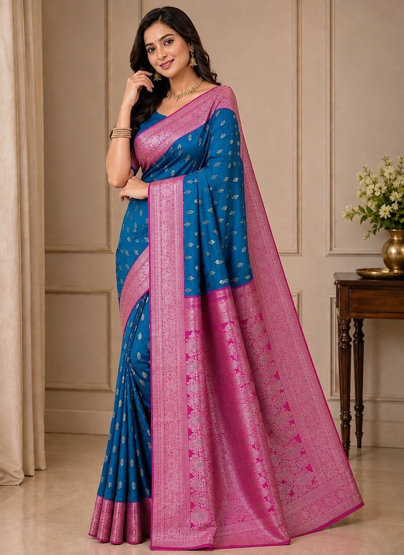 Blue Heavy Satin Banarasi silk blend Saree