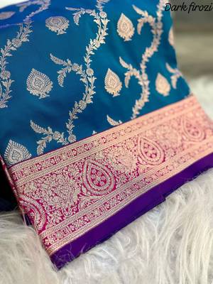 Blue Heavy Satin Banarasi silk blend Saree 5