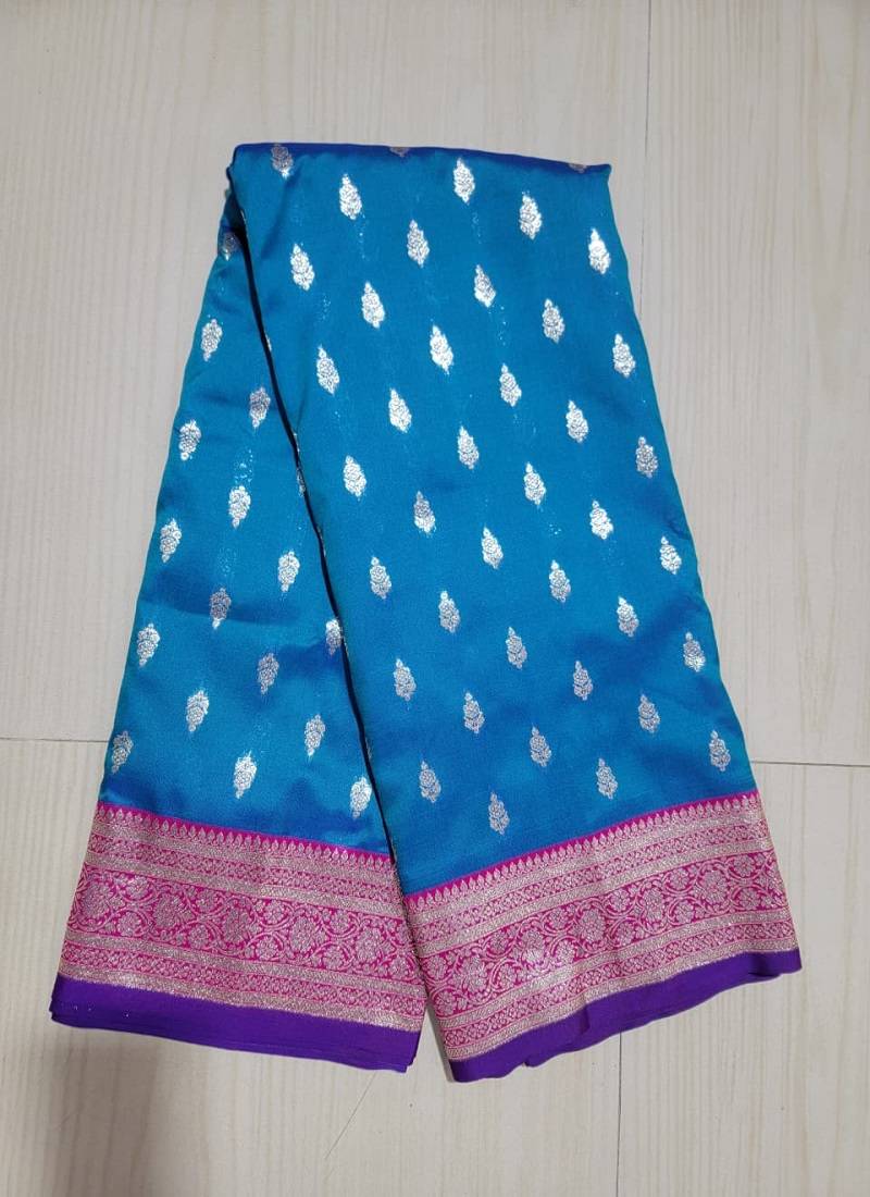 Blue Heavy Satin Banarasi silk blend Saree