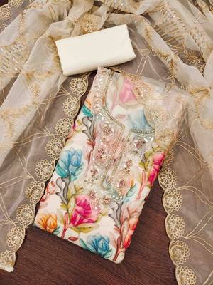 White organza print handwork unstitched dress material 2
