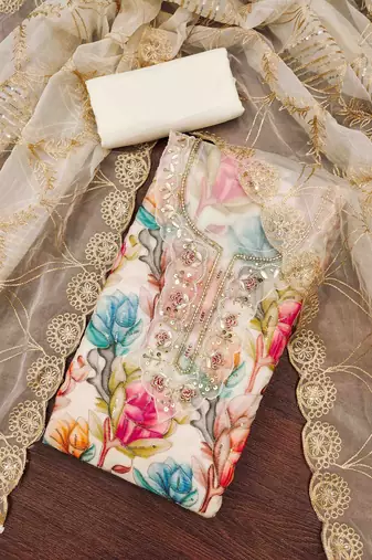 White organza print handwork unstitched dress material