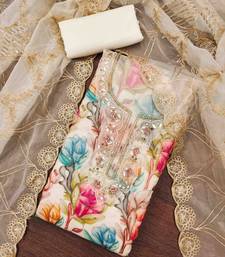 White organza print handwork unstitched dress material