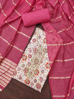 Pink roman cotton silk print handwork unstitched dress material 2