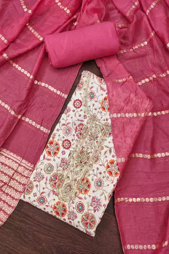 Pink roman cotton silk print handwork unstitched dress material