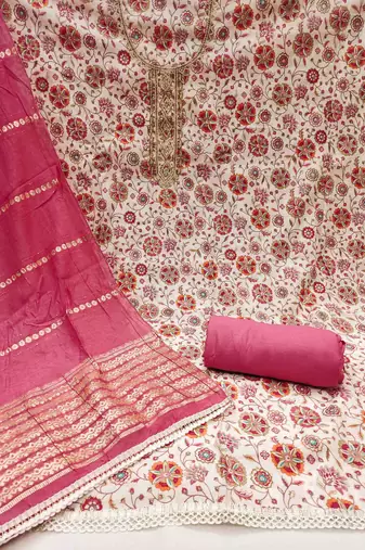 Pink roman cotton silk print handwork unstitched dress material