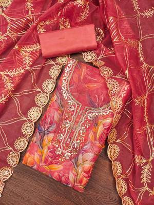 Pink organza print handwork unstitched dress material 2