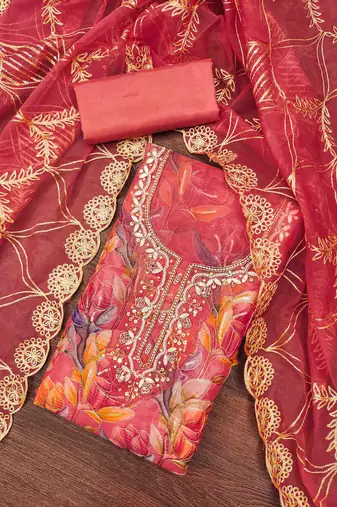 Pink organza print handwork unstitched dress material