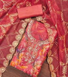 Pink organza print handwork unstitched dress material