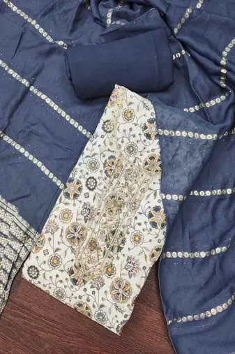 Navy blue roman cotton silk print handwork unstitched dress material