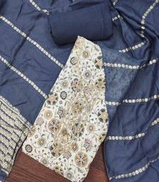 Navy blue roman cotton silk print handwork unstitched dress material