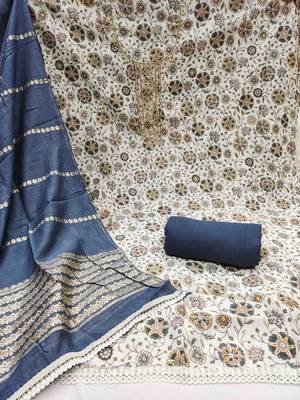 Navy blue roman cotton silk print handwork unstitched dress material 3