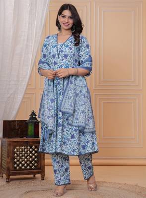 Blue floral printed angrakha kurta with palazzo & dupatta 1