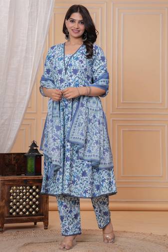 Blue floral printed angrakha kurta with palazzo & dupatta