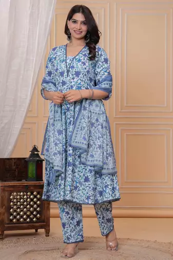 Blue floral printed angrakha kurta with palazzo & dupatta