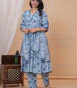 Blue floral printed angrakha kurta with palazzo & dupatta