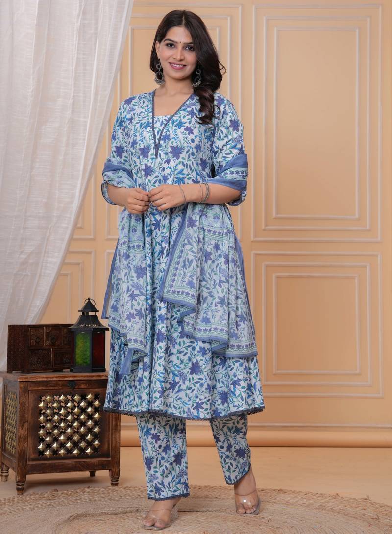 Blue floral printed angrakha kurta with palazzo & dupatta
