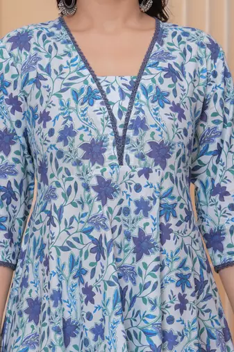 Blue floral printed angrakha kurta with palazzo & dupatta