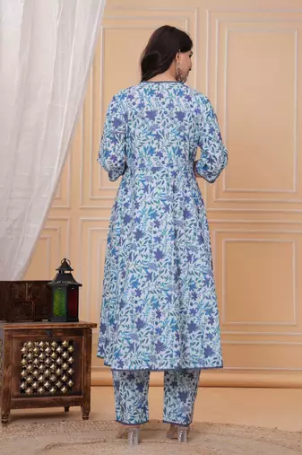 Blue floral printed angrakha kurta with palazzo & dupatta