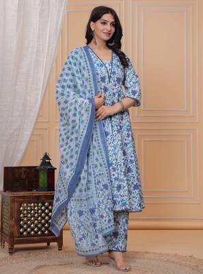 Blue floral printed angrakha kurta with palazzo & dupatta 5