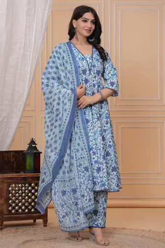 Blue floral printed angrakha kurta with palazzo & dupatta